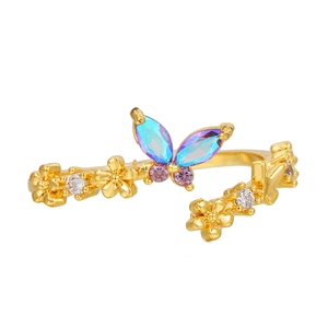 Gradient butterfly open ring for women with iridescent wings and gold floral details