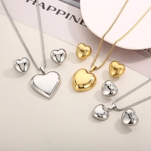 Stainless Steel Heart Necklace And Earrings Snake Chain Hollow Pendant High Polished Minimalist Jewelry For Women