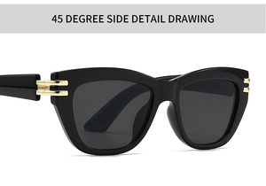 Detail of square black sunglasses showing golden double-bar hinge and frame thickness