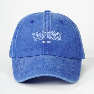 Blue washed cotton baseball cap with white CALIFORNIA WEST COAST letter embroidery