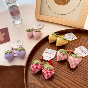 Kids Strawberry Hair Ties Fabric Plaid Handmade Fruit Elastic Ponytail Accessories For Girls