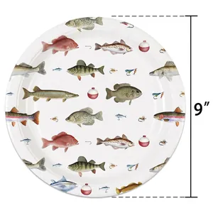 Detailed 9 inch paper plate featuring realistic fish illustrations and fishing gear design