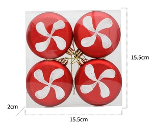 Detailed size view of four red snowflake Christmas ornaments in 15.5cm square box