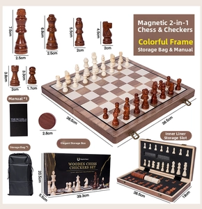Detail of 2-in-1 magnetic wooden chess and checkers set with internal storage slots