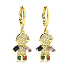 Gold-plated earrings with boy girl charms featuring vibrant colored zircon gemstones