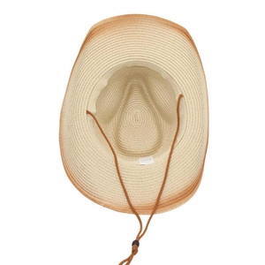 Detail view of the interior straw weave, sweatband, and adjustable chin strap of the cowboy hat