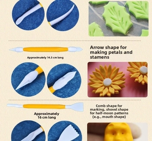 Macro detail of 8pcs double-ended yellow fondant sculpting tools with various tip shapes