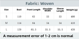 Detailed size chart for quilted button jacket showing bust and length measurements