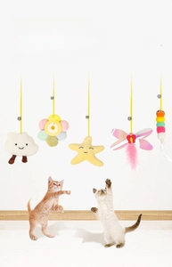 Adjustable hanging plush cat toys with elastic string, bells, and five colorful insect shapes