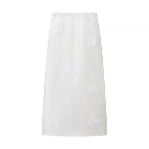 Jupe longue en tulle blanc pour femme avec appliques florales 3D et taille élastique
