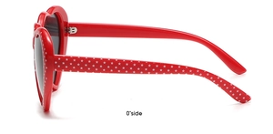 Side view of red heart-shaped sunglasses with white star pattern on the temples