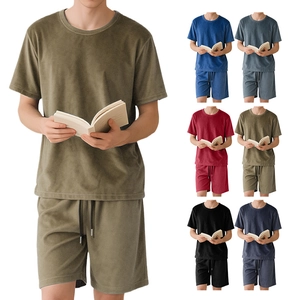 Detailed view of men's casual loungewear set in olive green and various color swatches