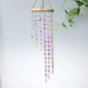 Bohemian wood ring wind chime with iridescent crystal beads for patio and home decoration