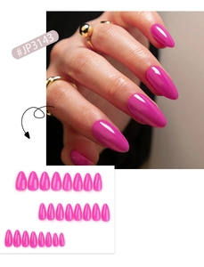 Detail of glossy hot pink almond press-on nails set with almond shape and high-shine finish