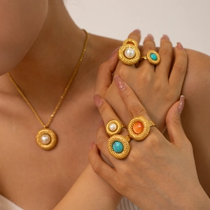 French vintage style 18k gold earrings and necklace with pearl and turquoise stones