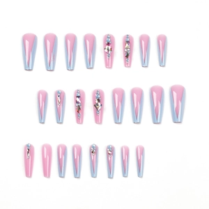 Pink and blue ballet shape press-on nails with luxury rhinestones on white background