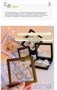 Detailed macro view of transparent PE film suspension jewelry boxes with various rings