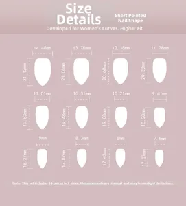 Detailed size chart showing 24 pieces of short pointed press-on nails in 12 distinct sizes