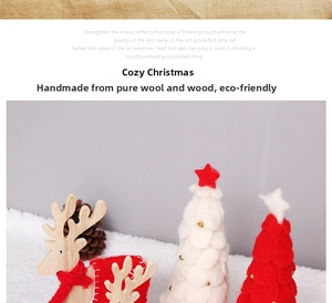 Detail of wool felt Christmas trees and wooden reindeer desktop holiday decorations