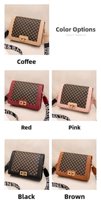 Detailed view of printed shoulder bags in five colors with metal locks and wide straps