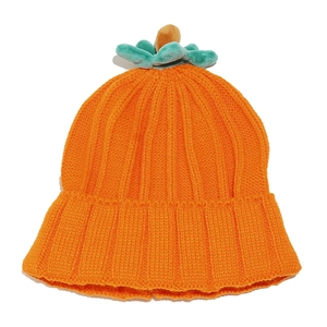 Creative pumpkin knitted hat in bright orange with green leaf and brown stem detail