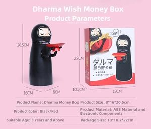 Japanese Daruma money box dimensions and packaging details with ABS material specs