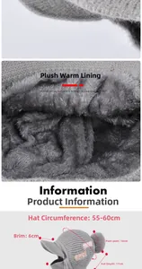 Detailed size guide and measurements for gray knit winter hat with fleece lining