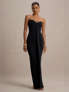 Elegant slim fit black strapless ruched long dress with draped details for formal occasions
