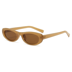 Retro oval sunglasses with light brown translucent frames and dark brown lenses