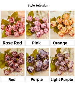 Detailed grid view showing six colors of artificial roasted edge roses in vintage vases