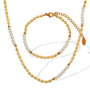 Minimalist gold plated bead and freshwater pearl jewelry set with necklace and bracelet