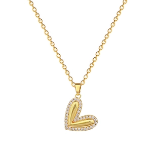Luxurious gold stainless steel heart necklace with glittering crystal inlay on white background