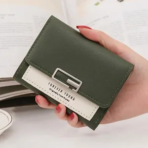 Women's mini square buckle wallet with green and white color block leather