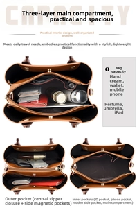 Detailed interior of brown tote bag showing three main compartments and functional pockets