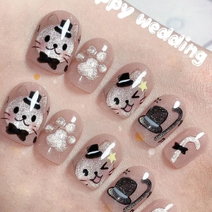 Unghie Finte Press On Gatto Carino Occhio Di Gatto Glitter Corto Balletto Rimovibile Motivo Gatto Gentleman Per Donne