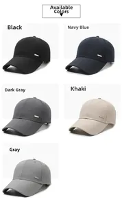 Detailed view of sports baseball caps in black, navy, grey, and khaki with metal accents