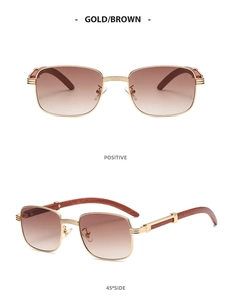 Close-up of gold metal rectangle sunglasses with wood texture temples and brown lenses