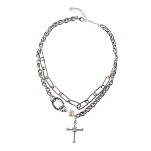 Double-layered silver necklace with white pearl and iced-out cross pendant for men