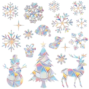 Detailansicht der holografischen Weihnachtsfensterbilder mit Rentier- und Schneeflockenmotiven