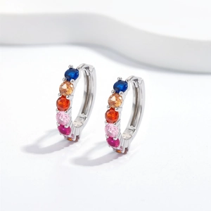 925 silver multi-color zircon hoop earrings featuring a vibrant rainbow row of round stones