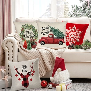 Christmas Pillowcase Linen Plaid Reindeer Snowflake Red Truck Square Cushion Cover For Sofa Home Holiday Party Decor