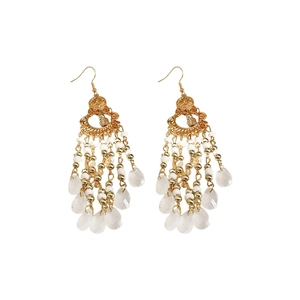Ethnic teardrop tassel earrings with round crystals and gold hook in vintage style