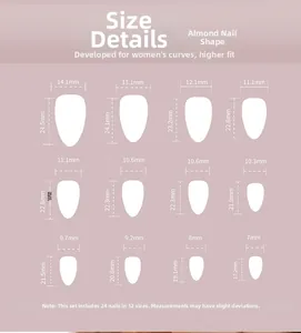 Size chart for almond press-on nails showing 24 pieces in 12 different sizes with measurements