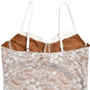 Close-up detail of white floral lace overlay and adjustable straps on a summer dress