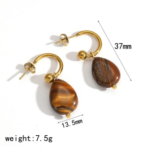 Tiger eye teardrop earrings with golden stainless steel hoops, 37mm length, 7.5g weight
