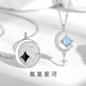 925 Sterling Silver Star Moon Couple Necklace Elegant Rhinestone Pendant Necklace Minimalist Clavicle Chain Jewelry For Lovers Gift