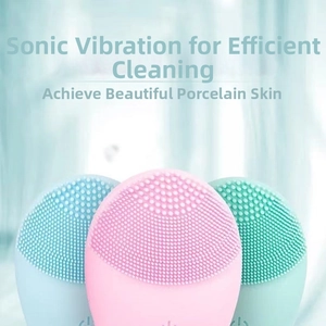 Macro shot of silicone facial brush heads with coarse and fine bristles in three colors