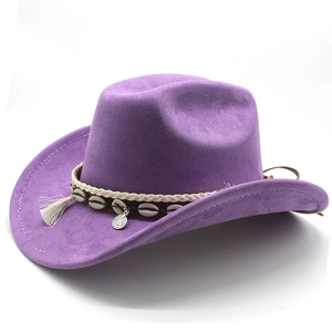 Close-up of bohemian purple cowboy hat with white tassels and shell decorative band