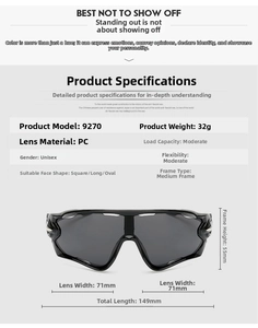 Detailed measurement chart of sports cycling sunglasses with PC lens and 149mm frame width