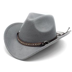 Grey wool felt cowboy hat with ethnic patterned leather band on a white background